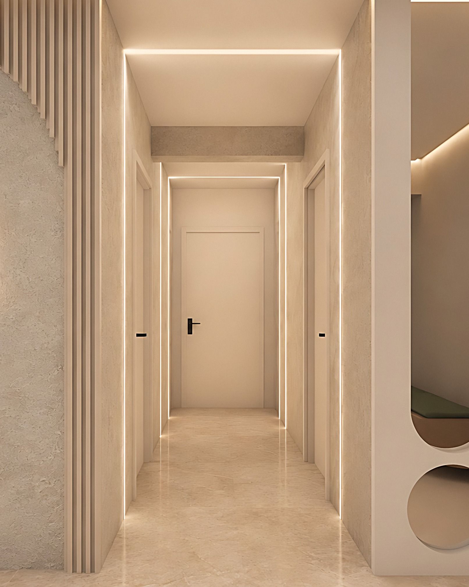 Randare 3D a holului luminat spre cabinetele Clinicii Amedis