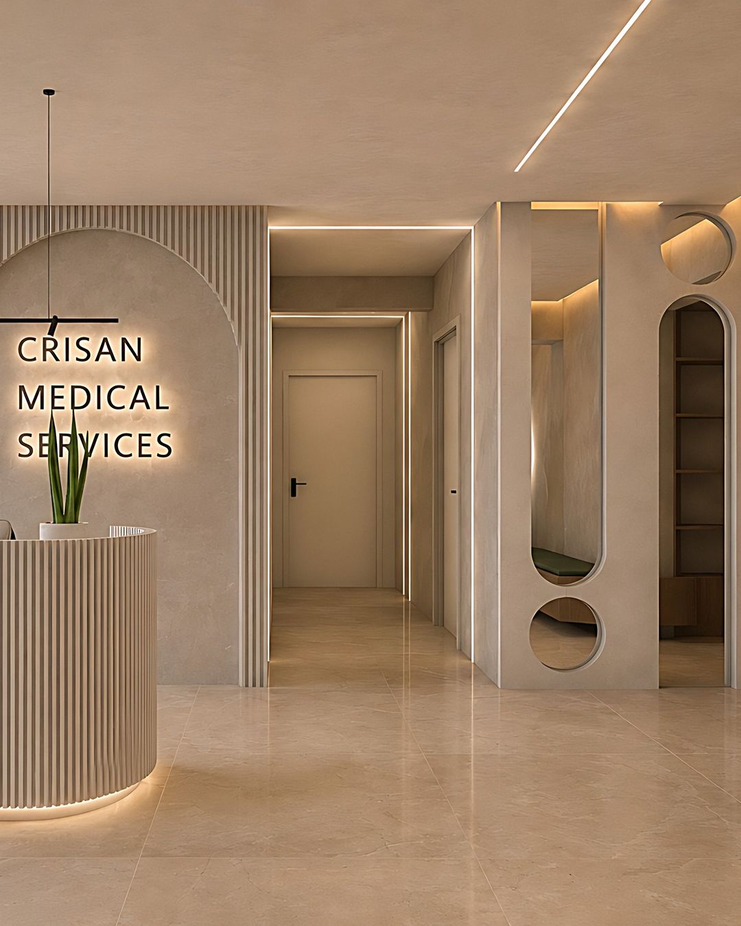 Randare 3D a recepției Clinicii Amedis văzute din față, cu inscripția Crisan Medical Services și holul spre cabinete